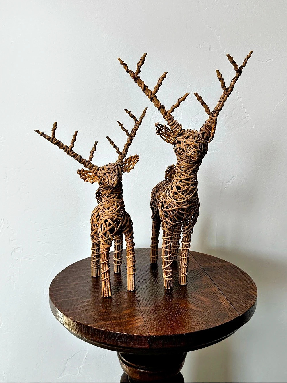 Vintage Crate & Barrel Rattan Wicker Standing Reindeer Figurines Set of 2